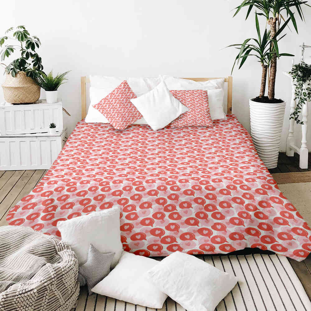 Set de ropa de cama con manta terapéutica y burbuja de diálogo con corazón