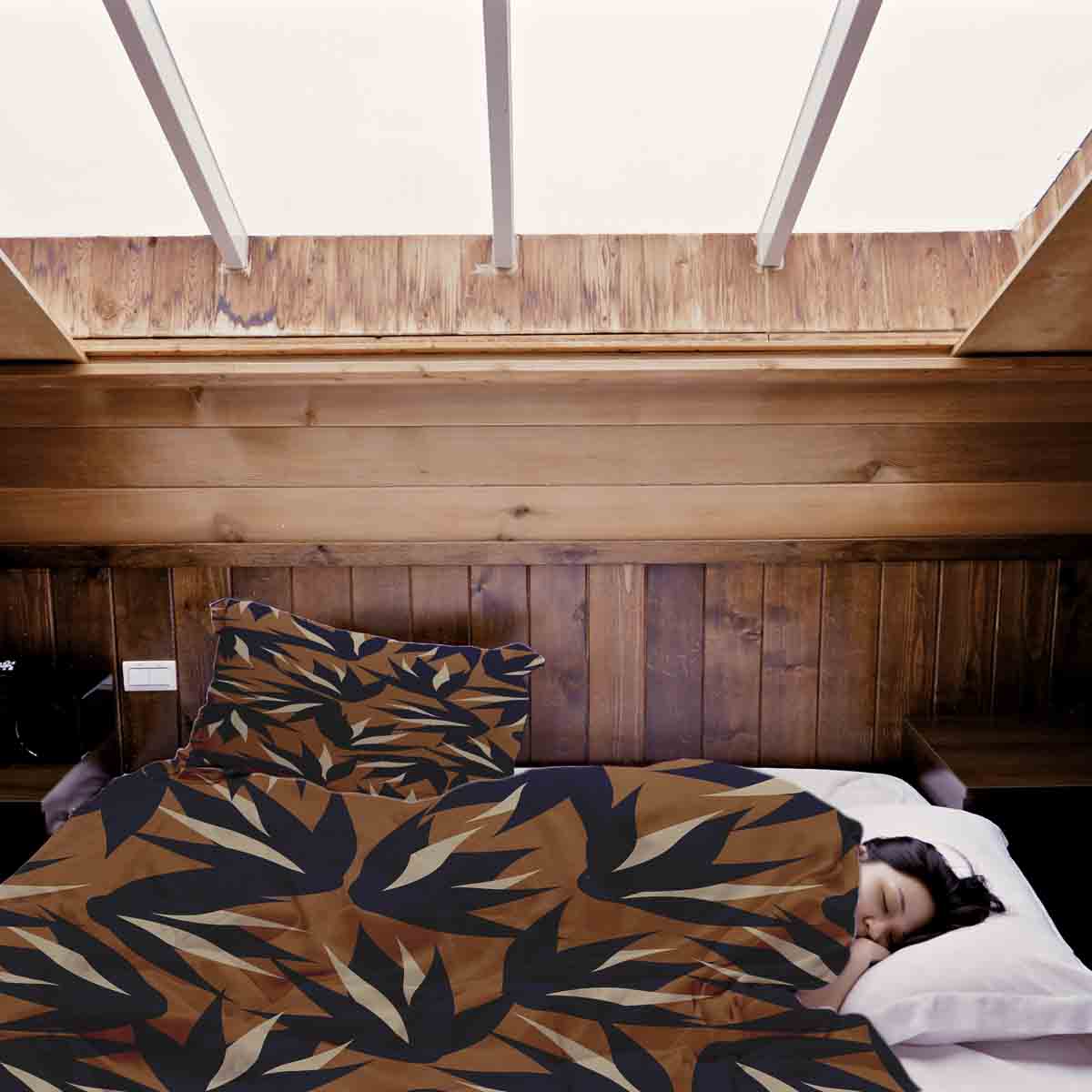 Set de ropa de cama con manta terapéutica marrón con hojas azules