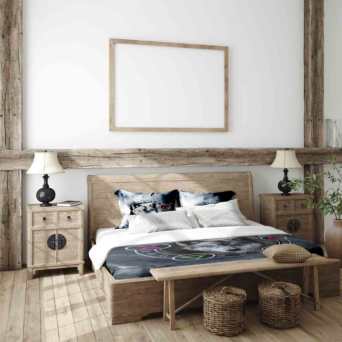 Juego de ropa de cama con manta terapéutica gris con lobo