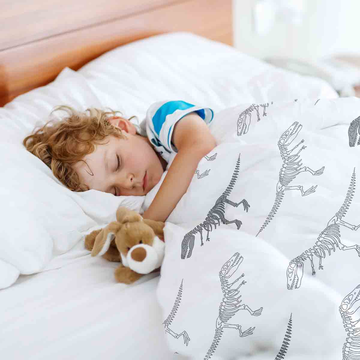 Juego de ropa de cama para terapia blanca con esqueleto de dinosaurio