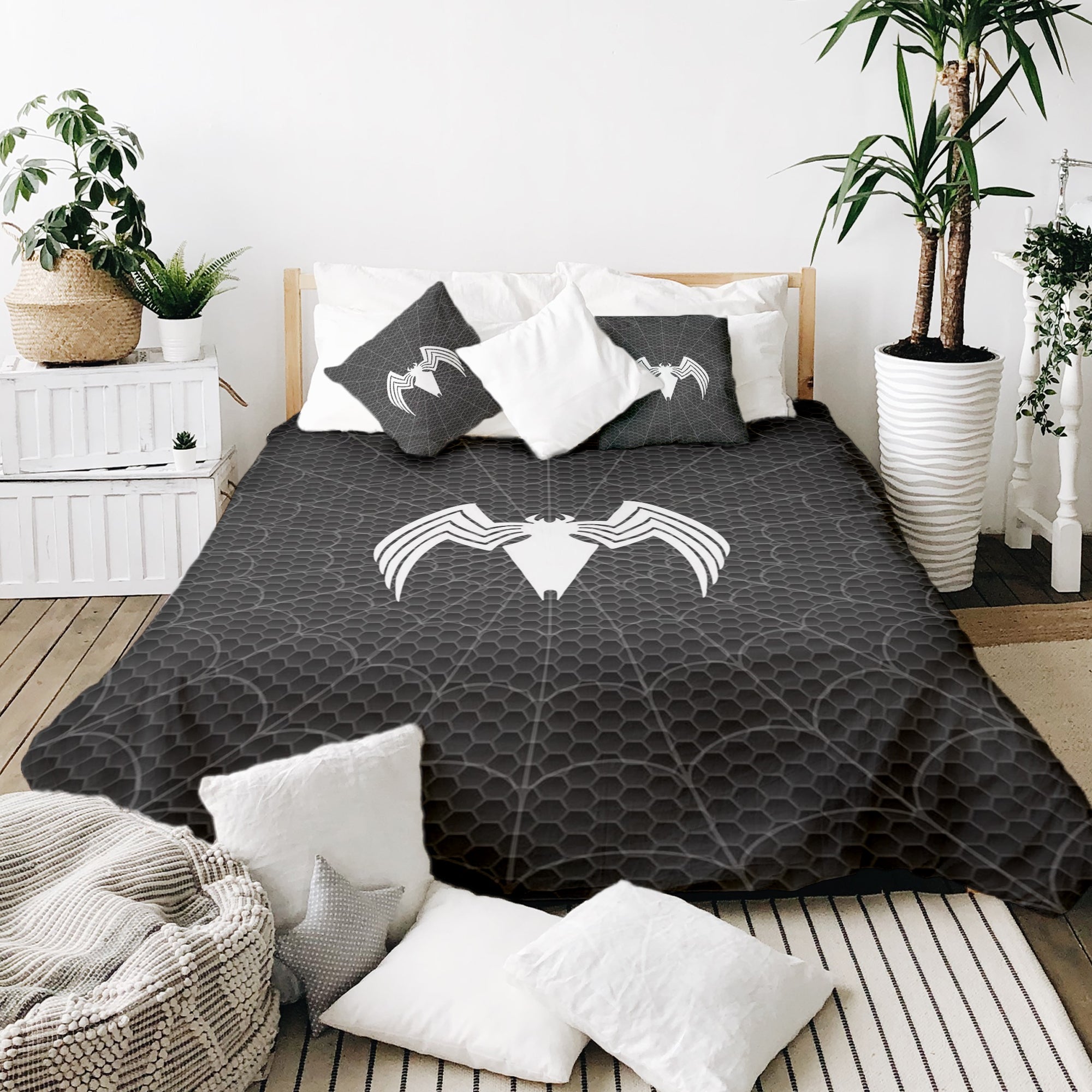 Juego de ropa de cama con manta terapéutica negra con araña
