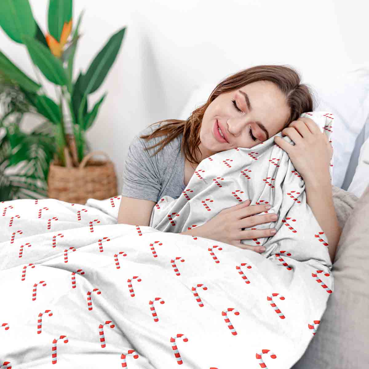 Juego de ropa de cama con mantas terapéuticas blancas con bastones de caramelo