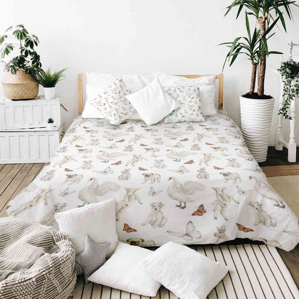 Set de ropa de cama con mantas terapéuticas blanco animales tiernos