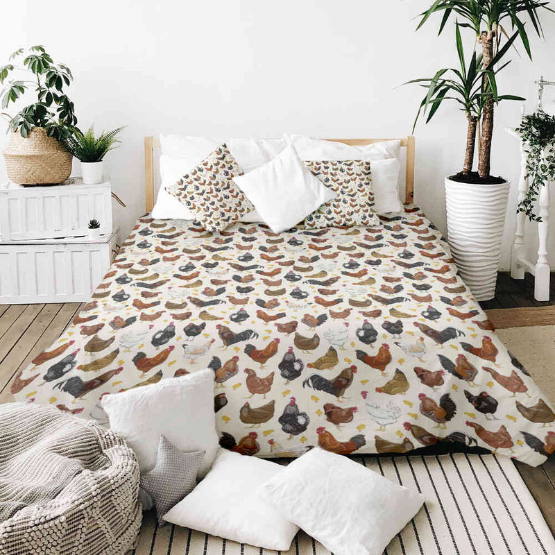 Set de ropa de cama de mantas terapéuticas blancas con muchas gallinas