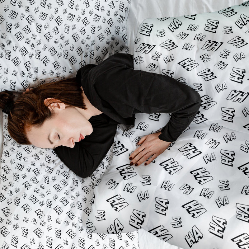 Set de ropa de cama con manta terapéutica blanca Ha Ha