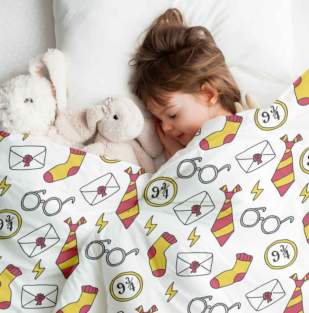 Set de ropa de cama con manta terapéutica blanca escuela de magia