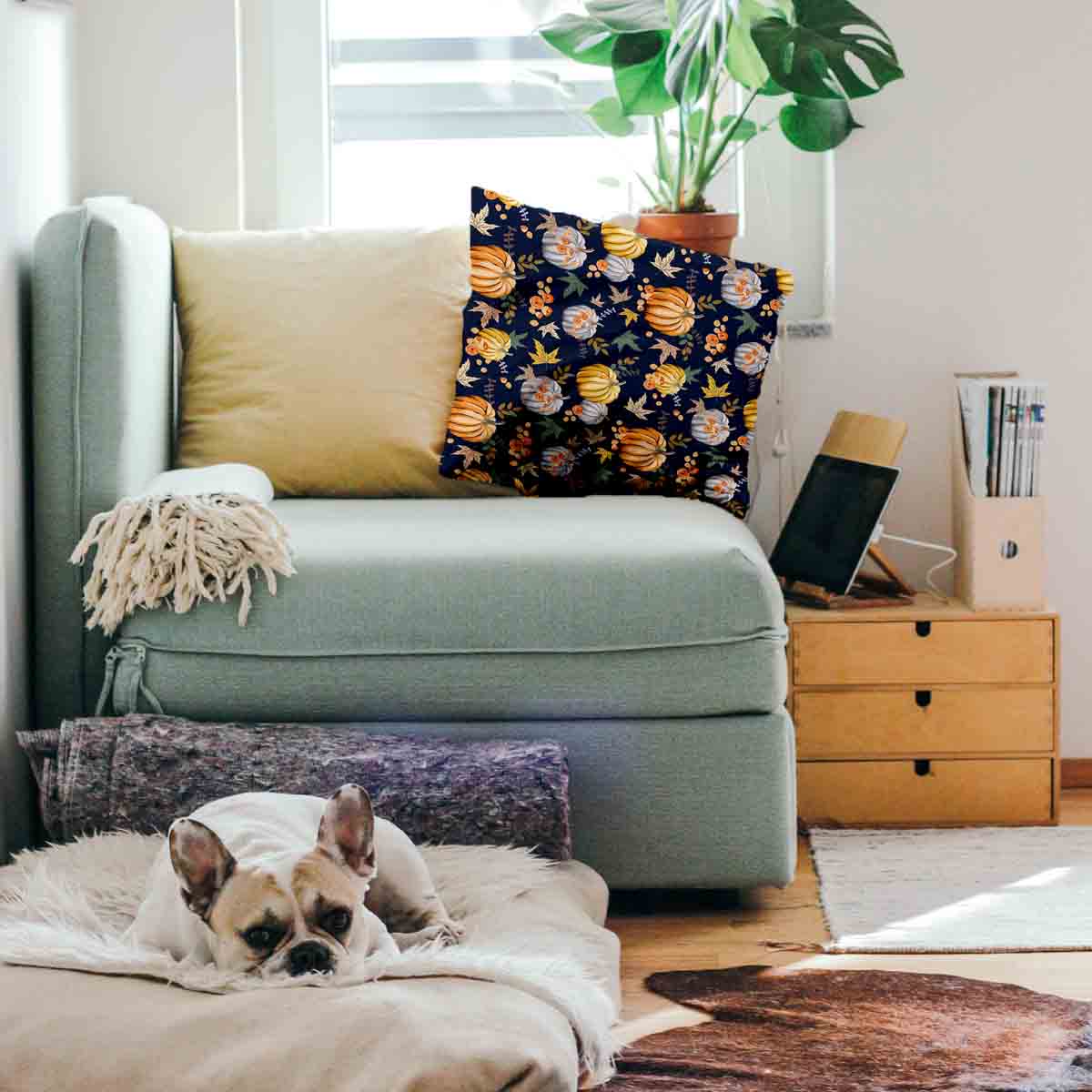 Almohada de salud azul con calabazas