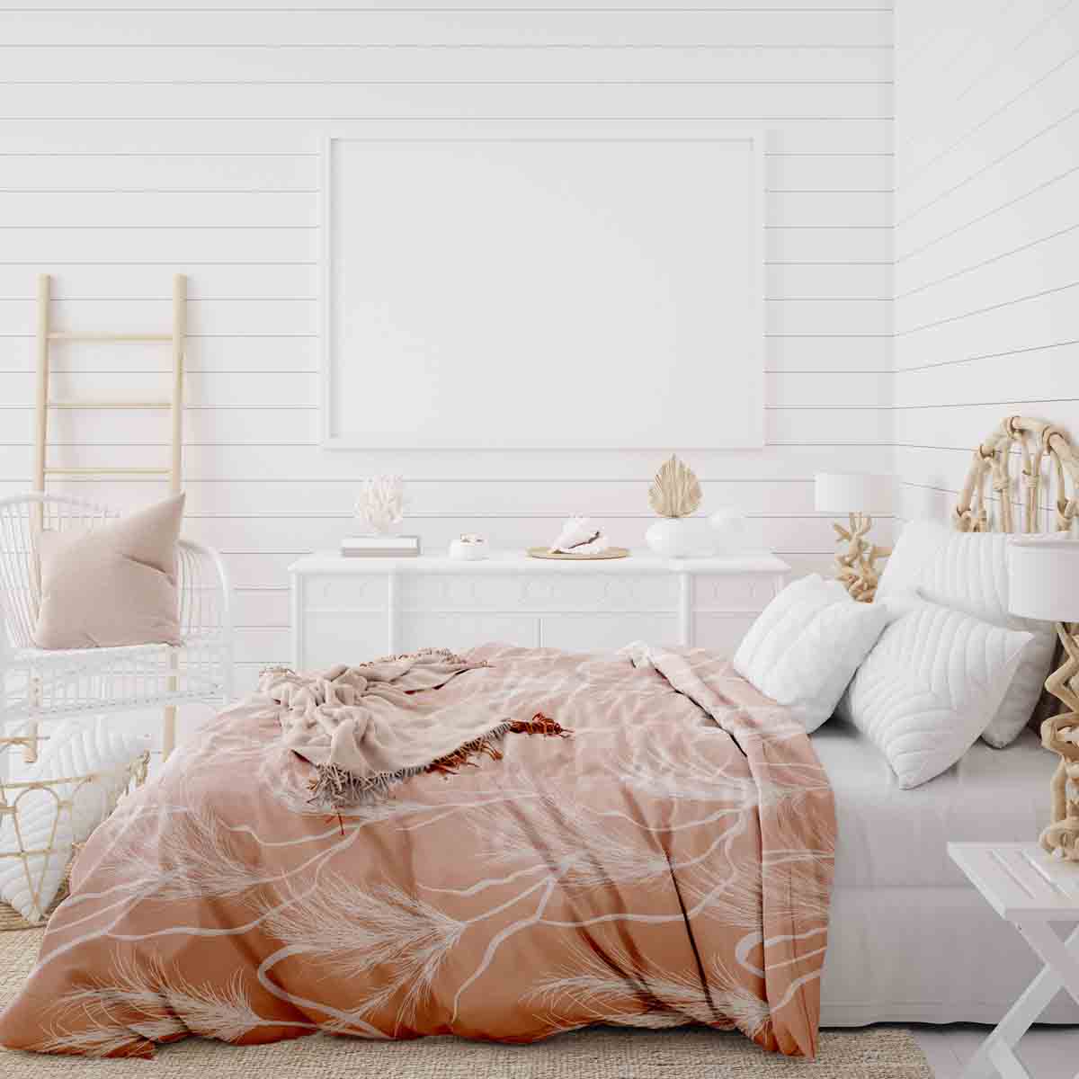 Set de ropa de cama con manta terapéutica en rosa antiguo con hierba de pampas