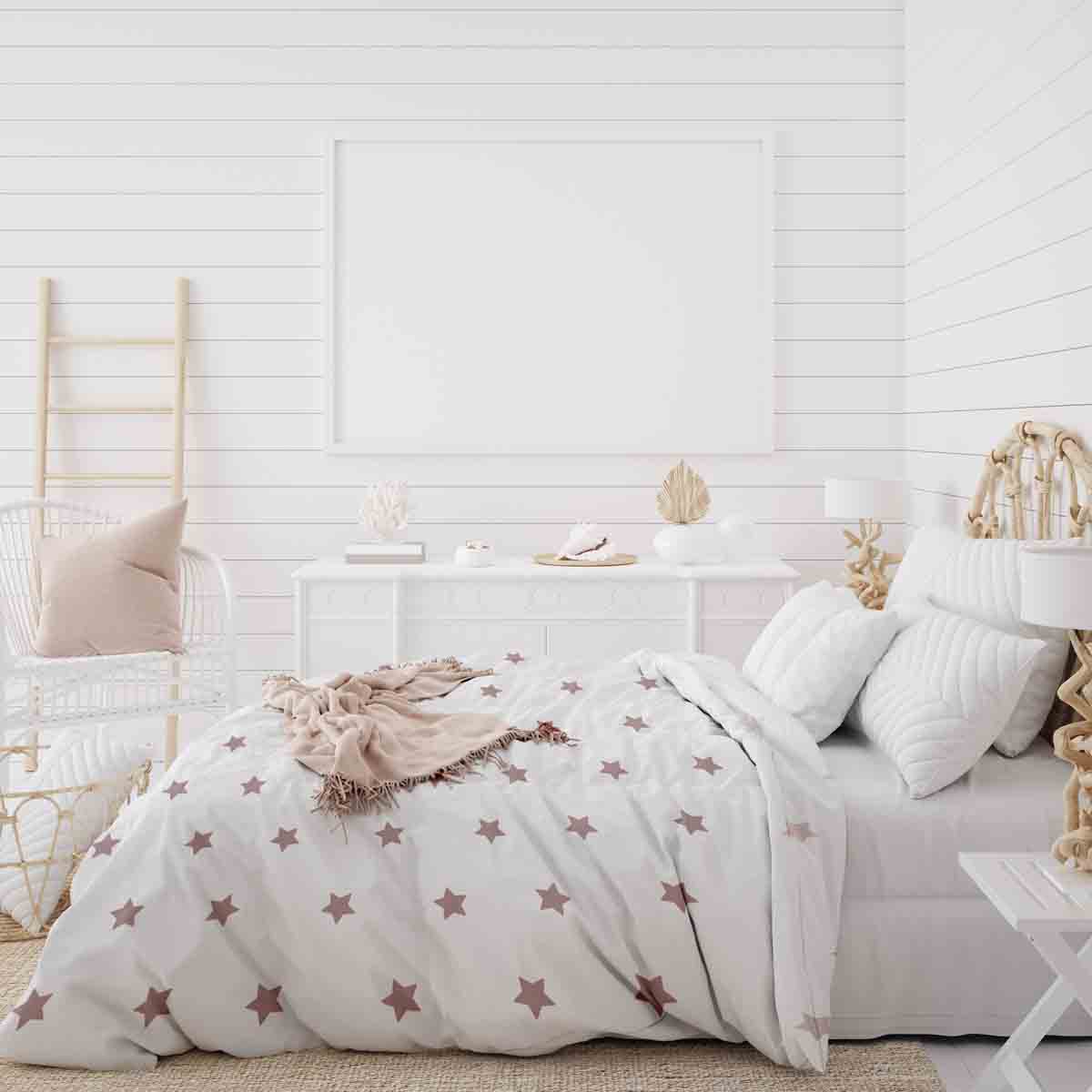 Juego de ropa de cama con manta terapéutica blanca con estrellas rosas