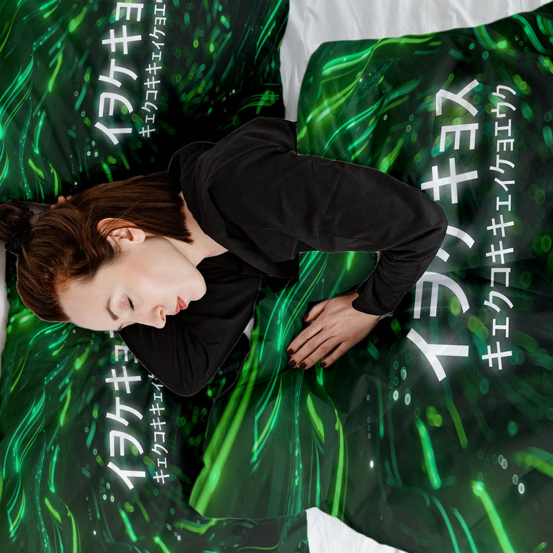 Set de ropa de cama con manta terapéutica verde con caracteres chinos
