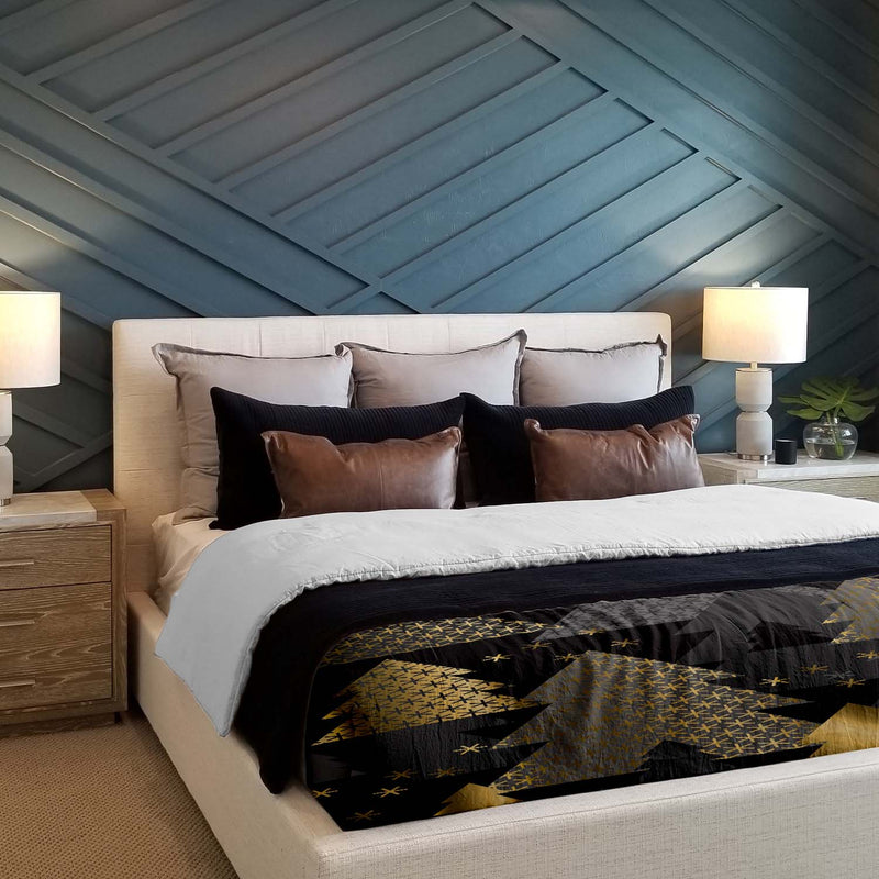 Set de ropa de cama con mantas terapéuticas y árboles de abeto dorados