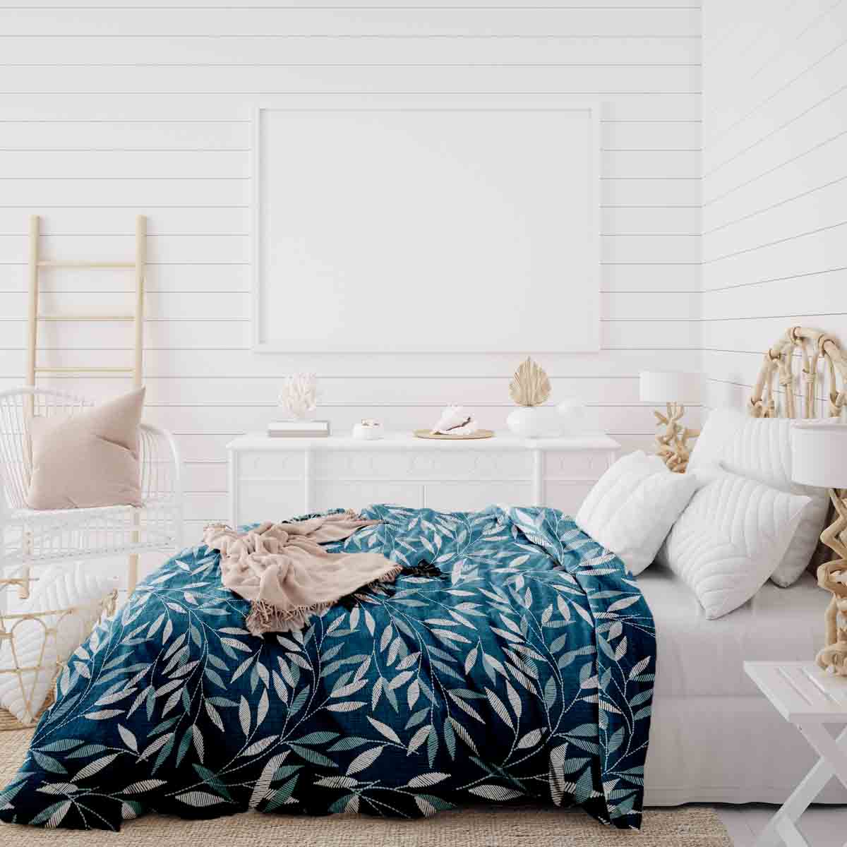 Set de ropa de cama con mantas terapéuticas y ramas azules