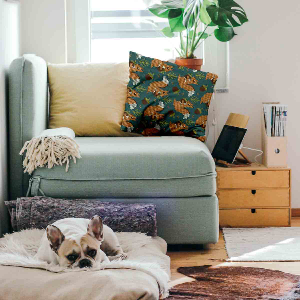 Almohada de salud verde con ardilla