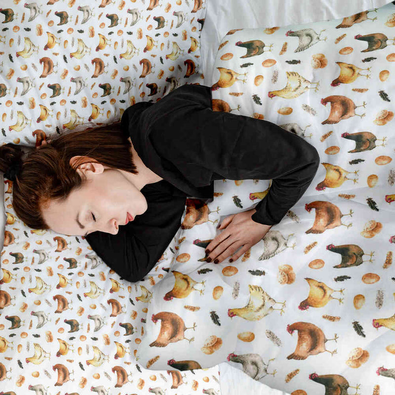 Set de ropa de cama con mantas terapéuticas blancas con gallinas