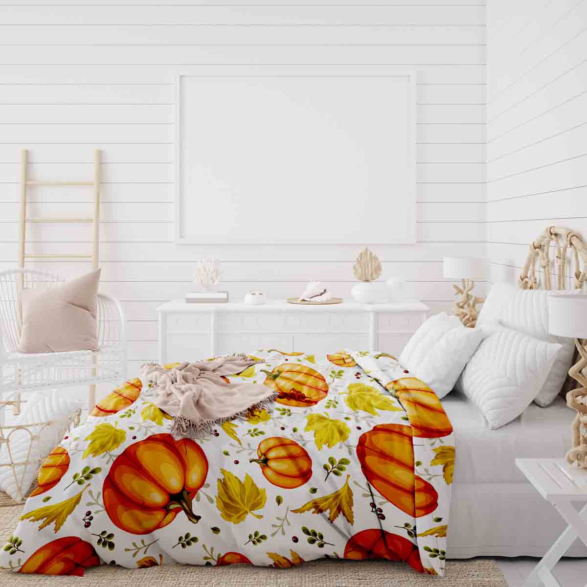 Juego de ropa de cama con mantas terapéuticas blancas con grandes calabazas