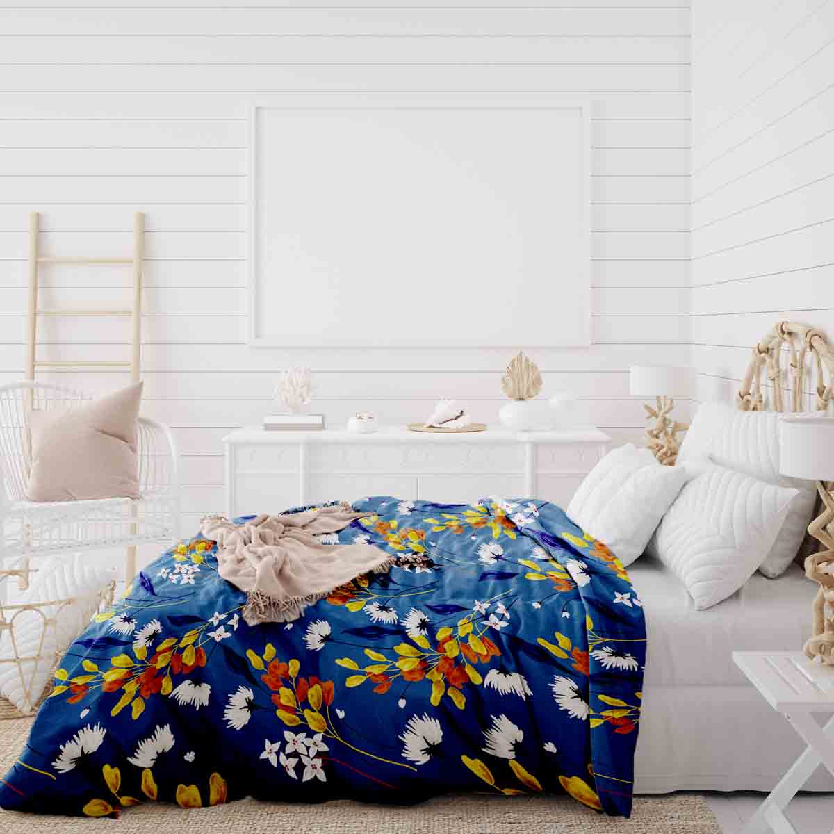 Set de ropa de cama con manta terapéutica azul con ramo de flores