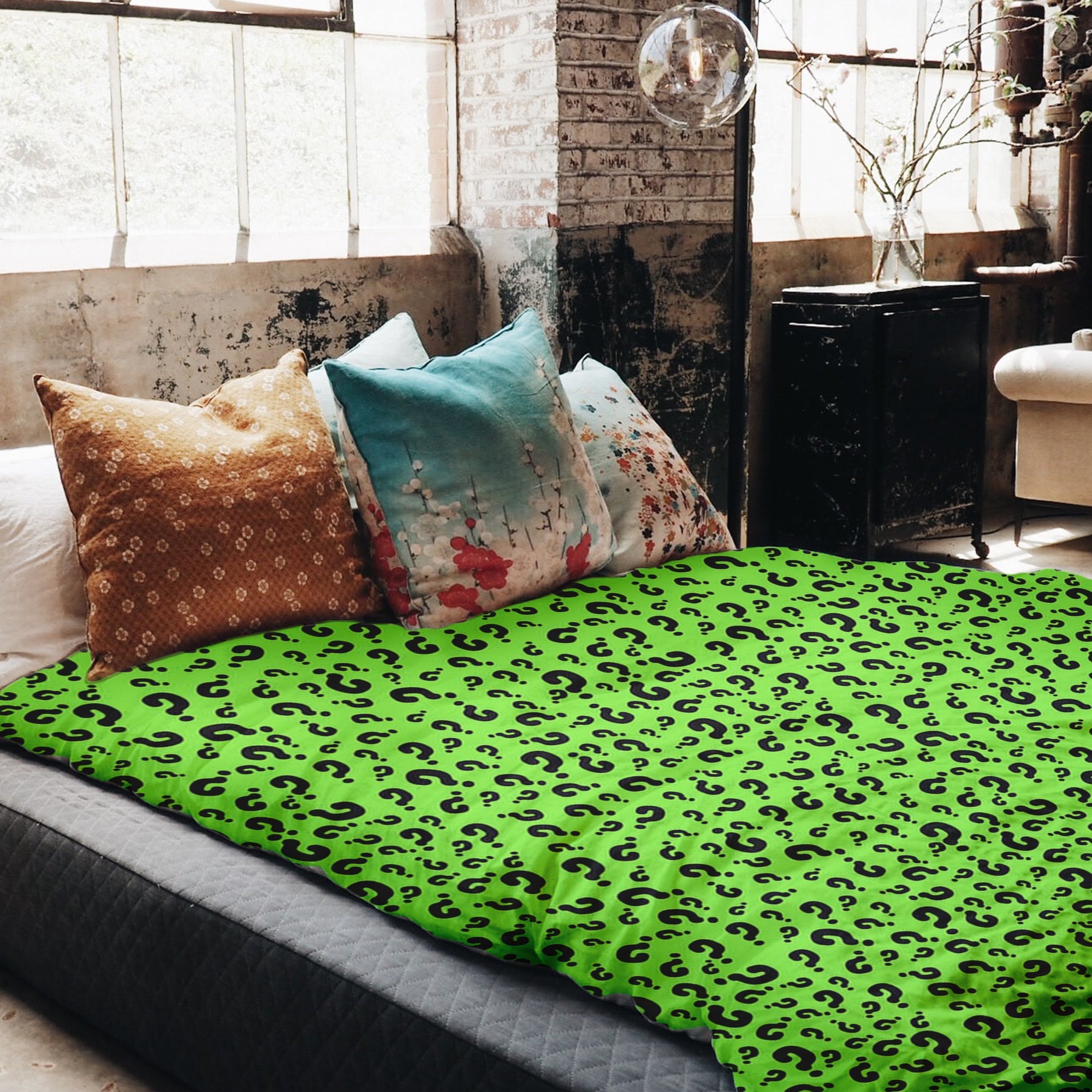 Set de ropa de cama con manta terapéutica verde claro con signo de interrogación