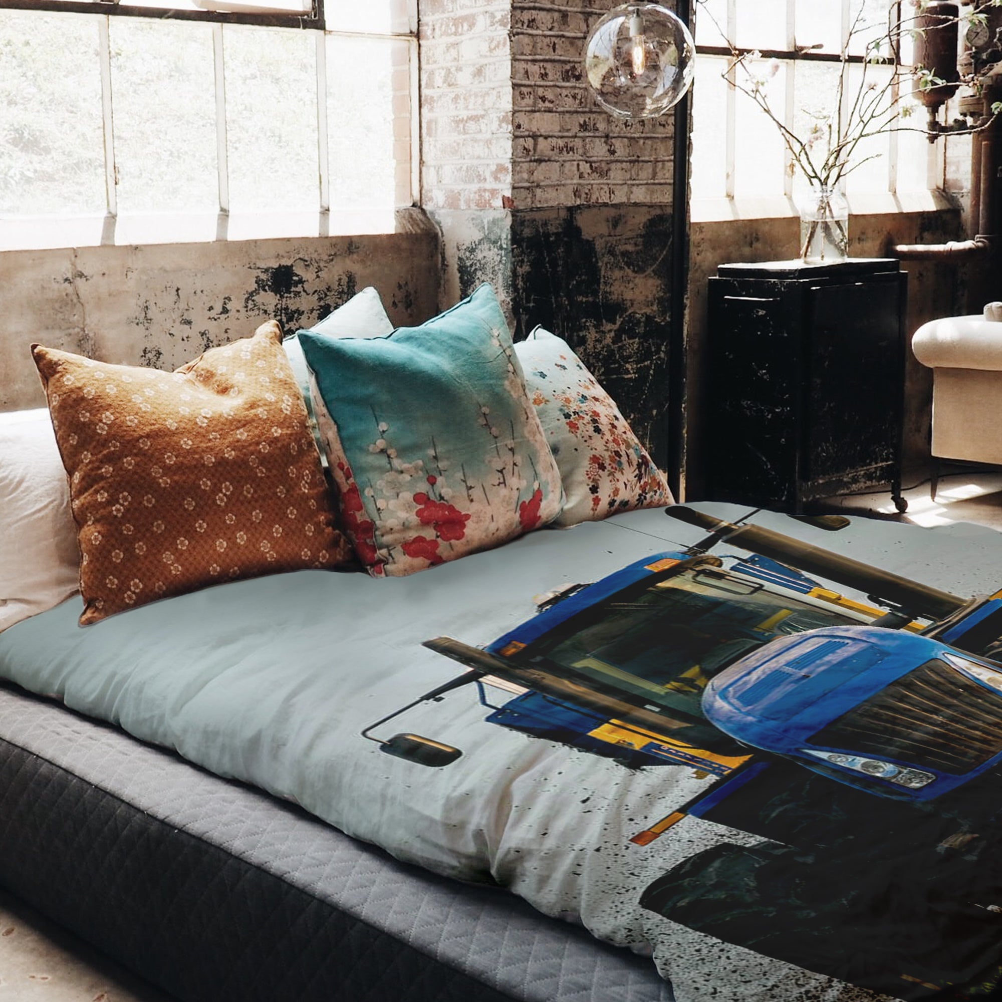 Set de ropa de cama con manta terapéutica tractor en azul