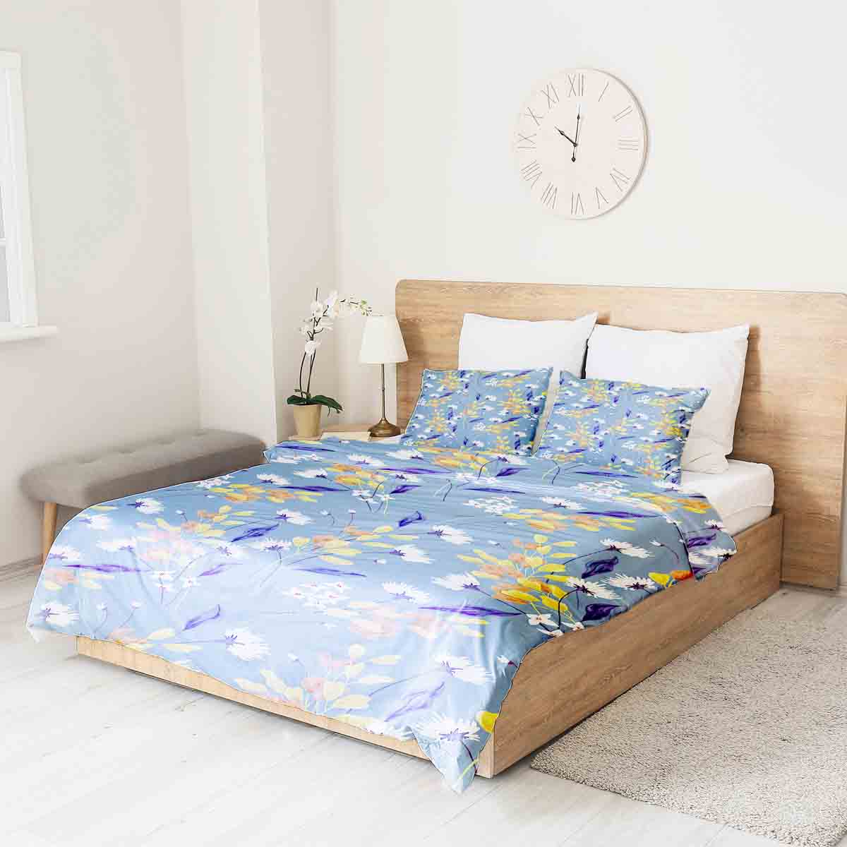 Set de ropa de cama con manta terapéutica azul con ramo de flores