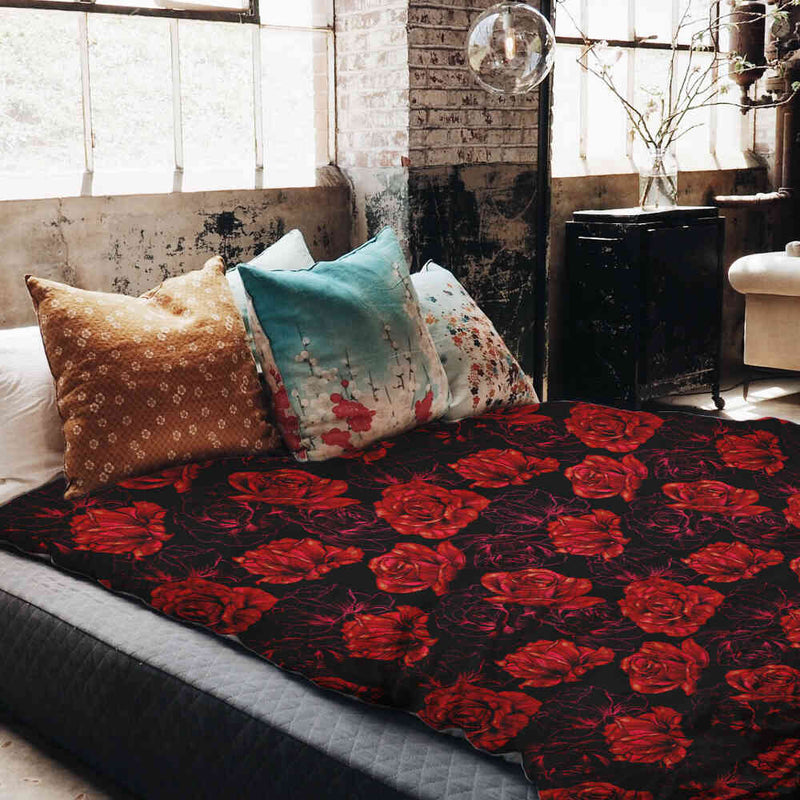 Manta terapéutica original - Funda de algodón negra con rosas rojas