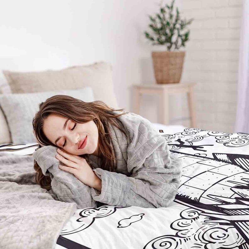 Juego de ropa de cama con manta terapéutica blanca con torre