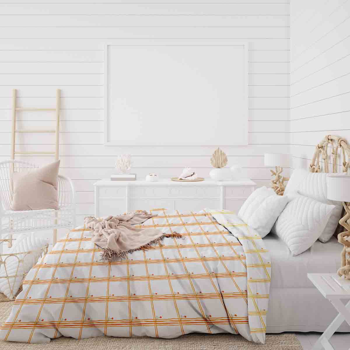 Set de ropa de cama con manta terapéutica amarillo a cuadros