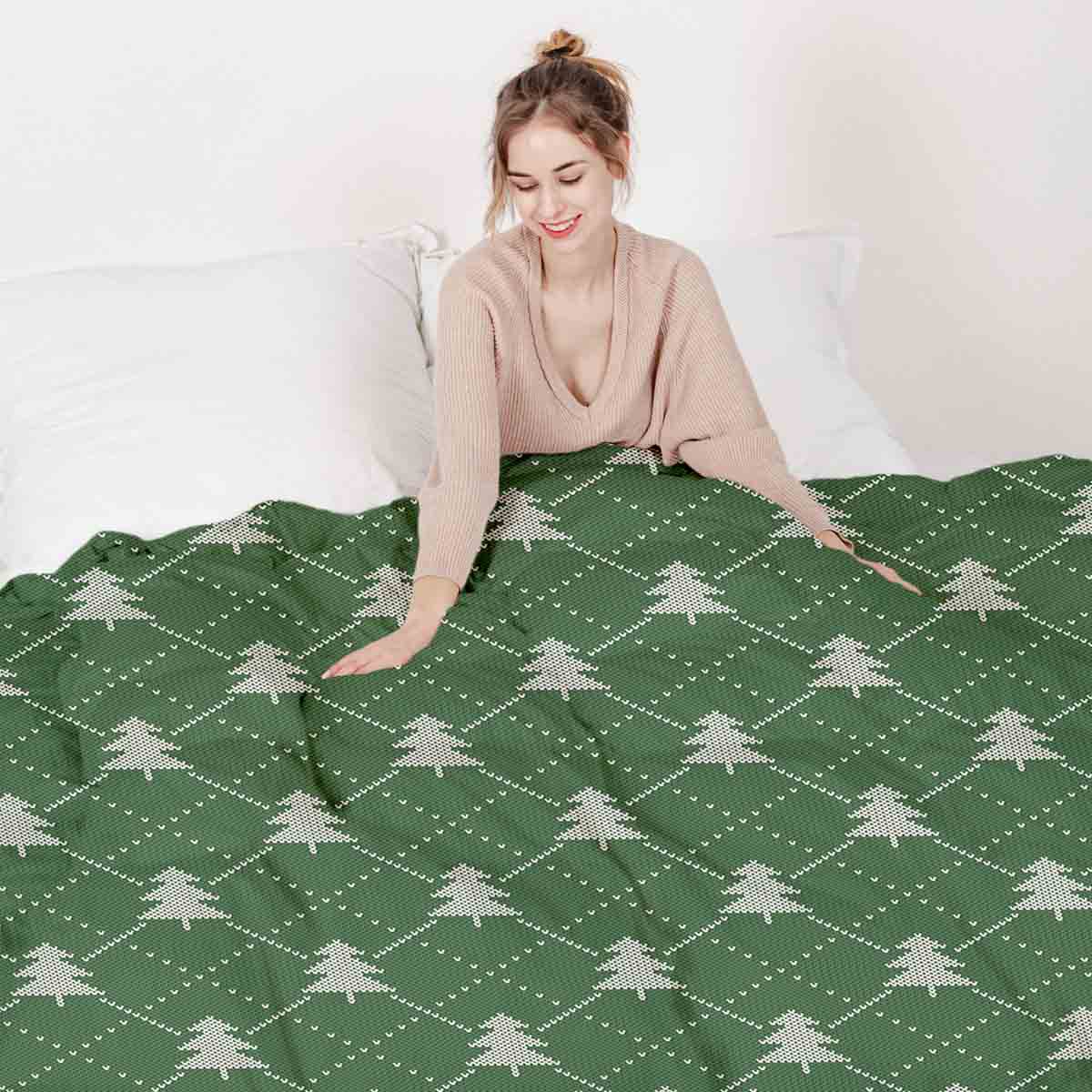 Set de ropa de cama con mantas terapéuticas verde con abetos