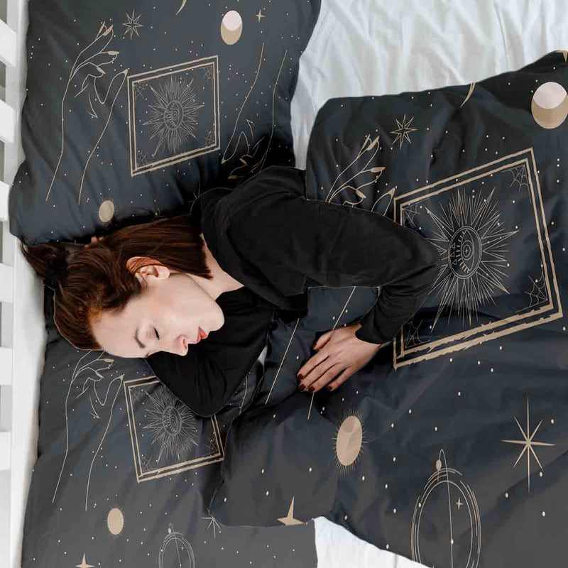 Juego de ropa de cama con manta terapéutica negro con sol, luna y estrellas
