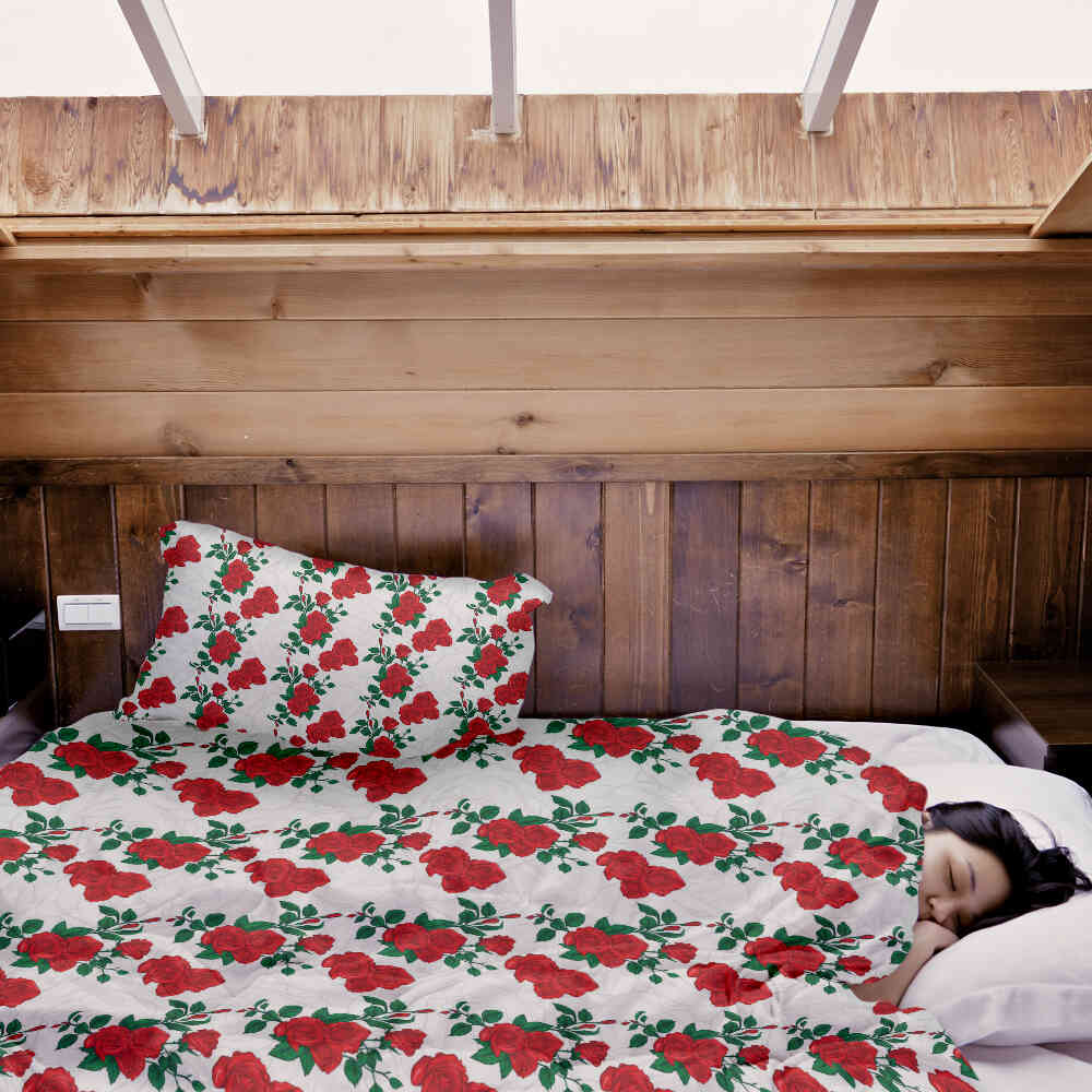 Juego de ropa de cama con manta terapéutica blanca con arbusto de rosas