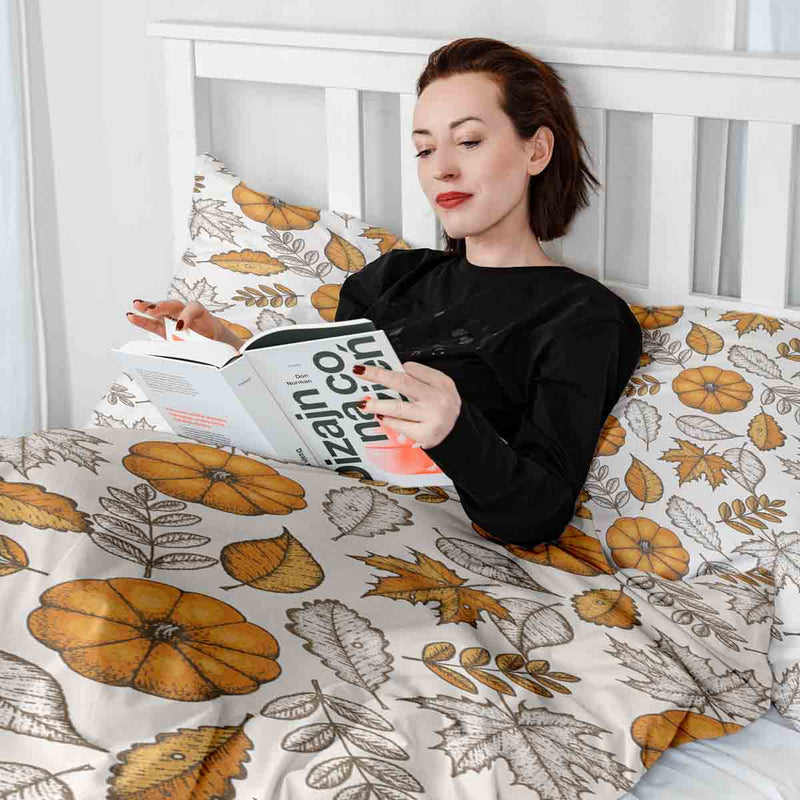 Juego de ropa de cama con manta terapéutica blanca con hoja y calabaza