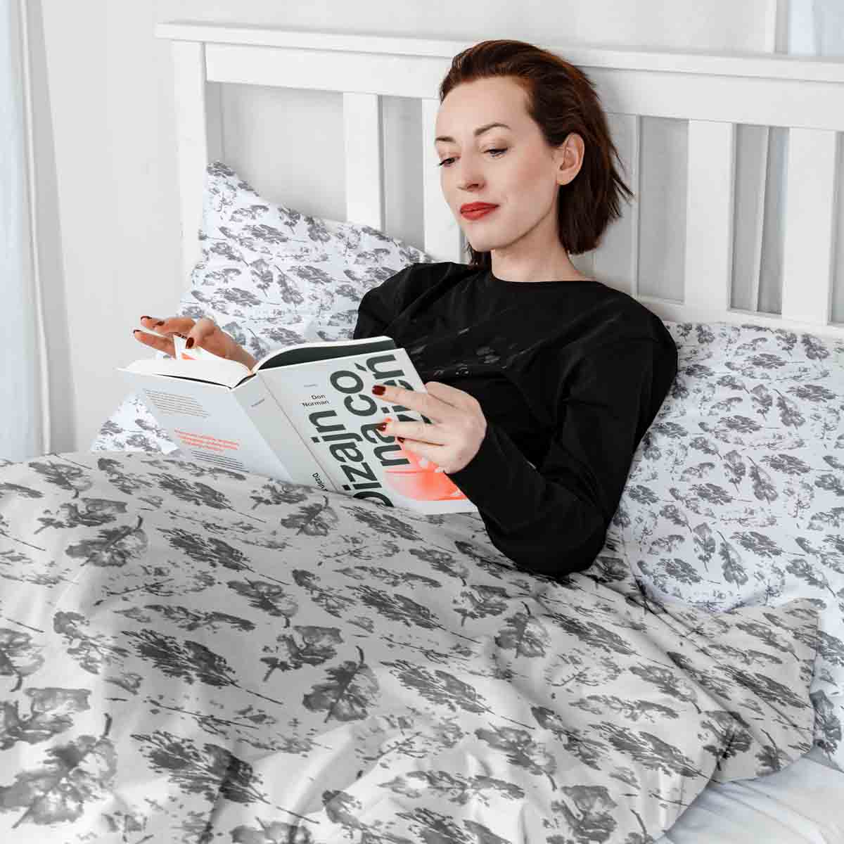 Manta terapéutica original - Funda de algodón blanca con hojas grises