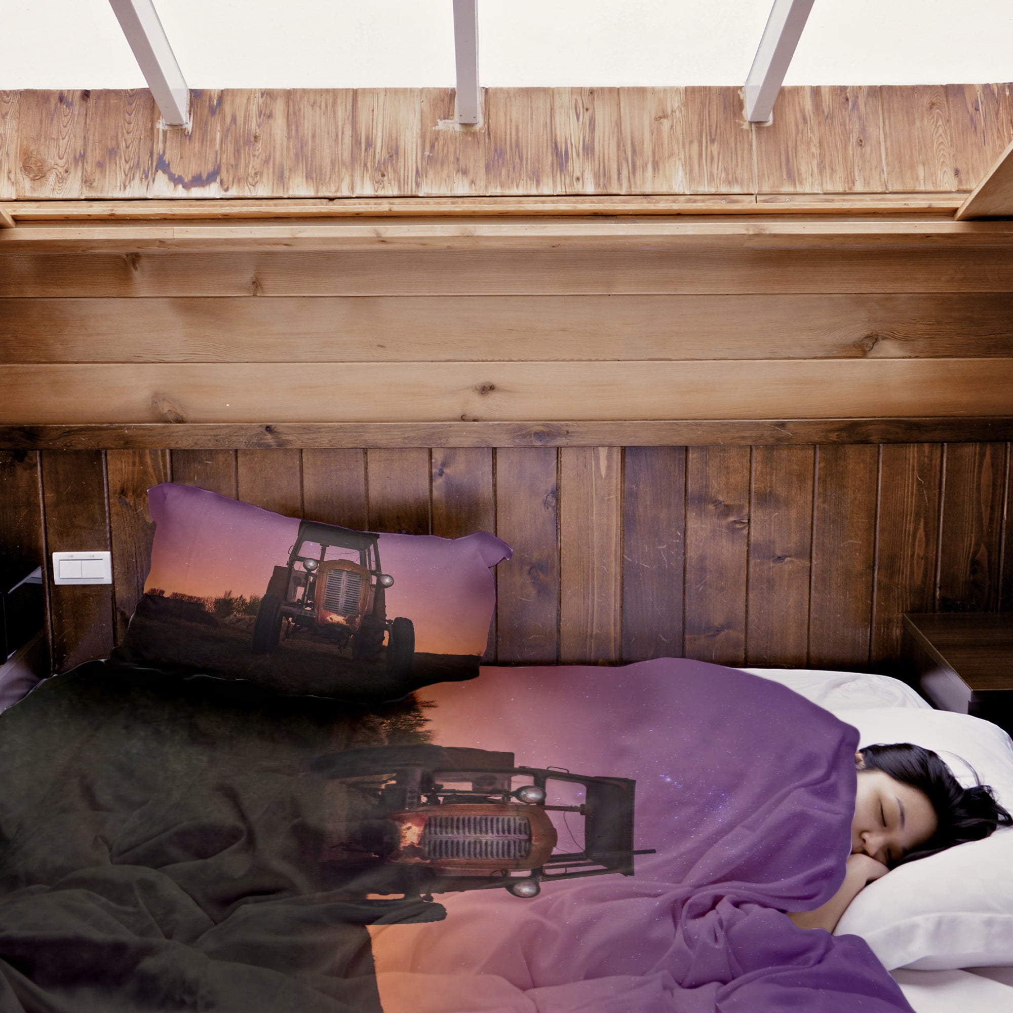 Set de ropa de cama con manta terapéutica lila con tractor