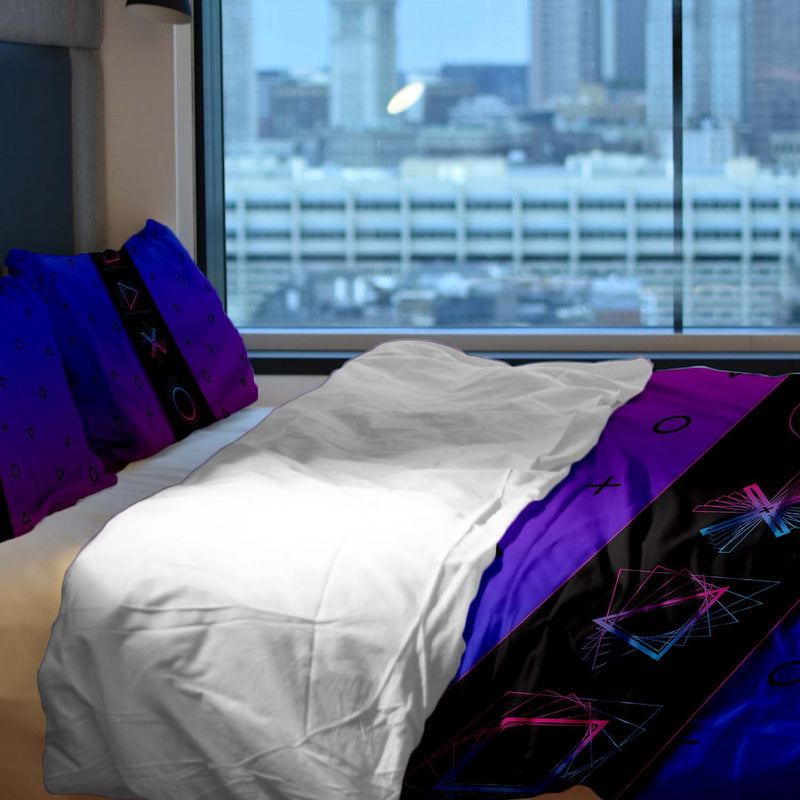 Set de ropa de cama con mantas terapéuticas moradas con formas