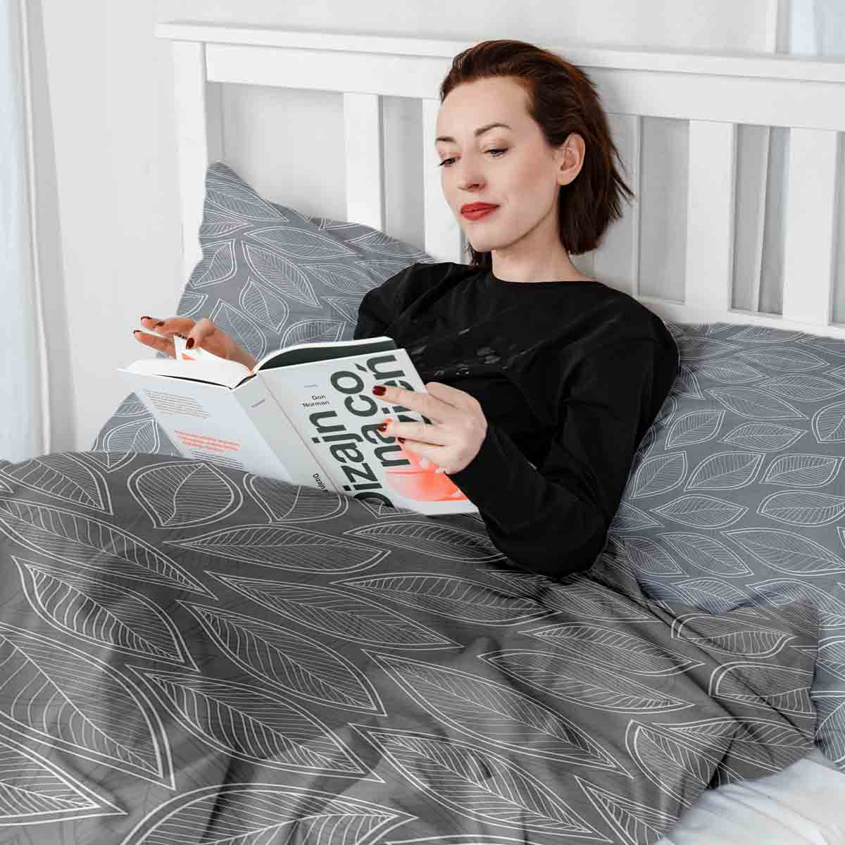 Set de ropa de cama con manta terapéutica gris con hojas de palma blancas