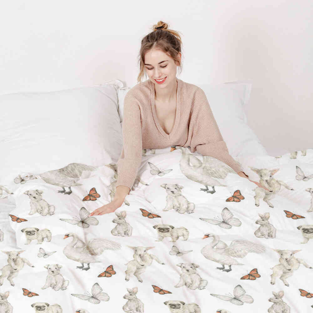 Set de ropa de cama con mantas terapéuticas blanco animales tiernos