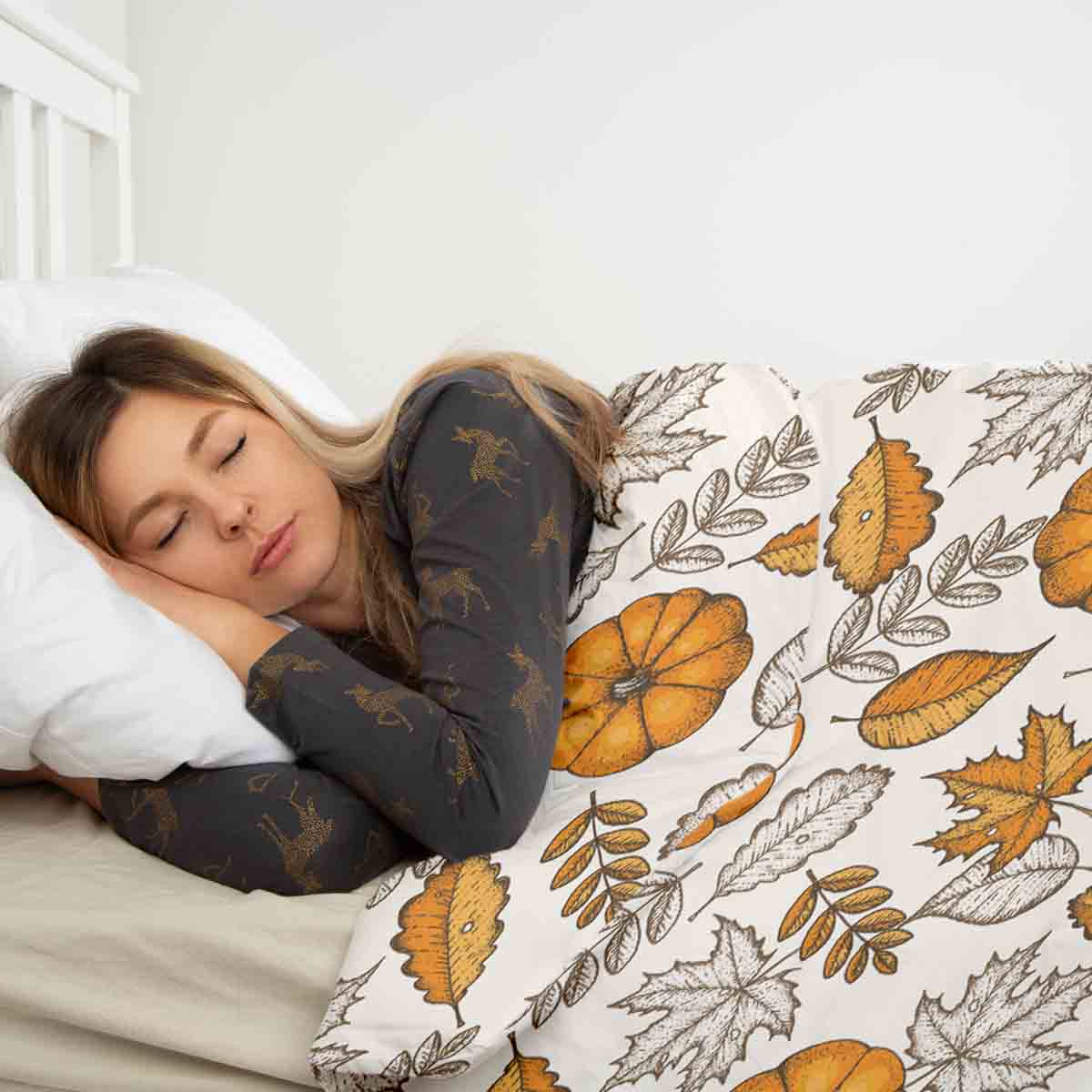 Manta terapéutica original - Funda de algodón blanca con hoja y calabaza