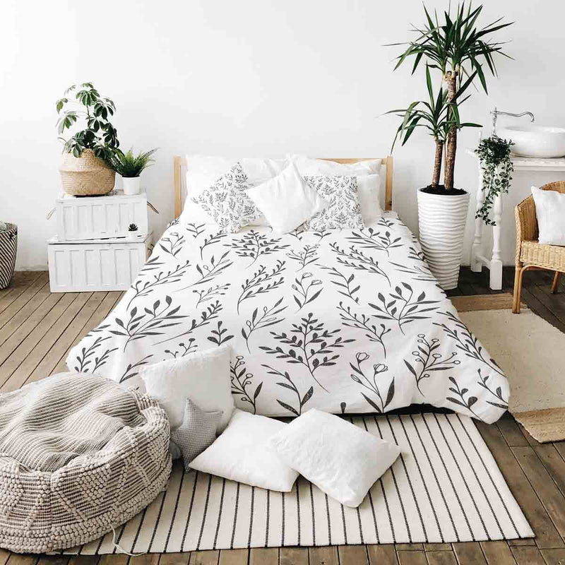 Juego de ropa de cama con manta terapéutica blanca con ramas negras