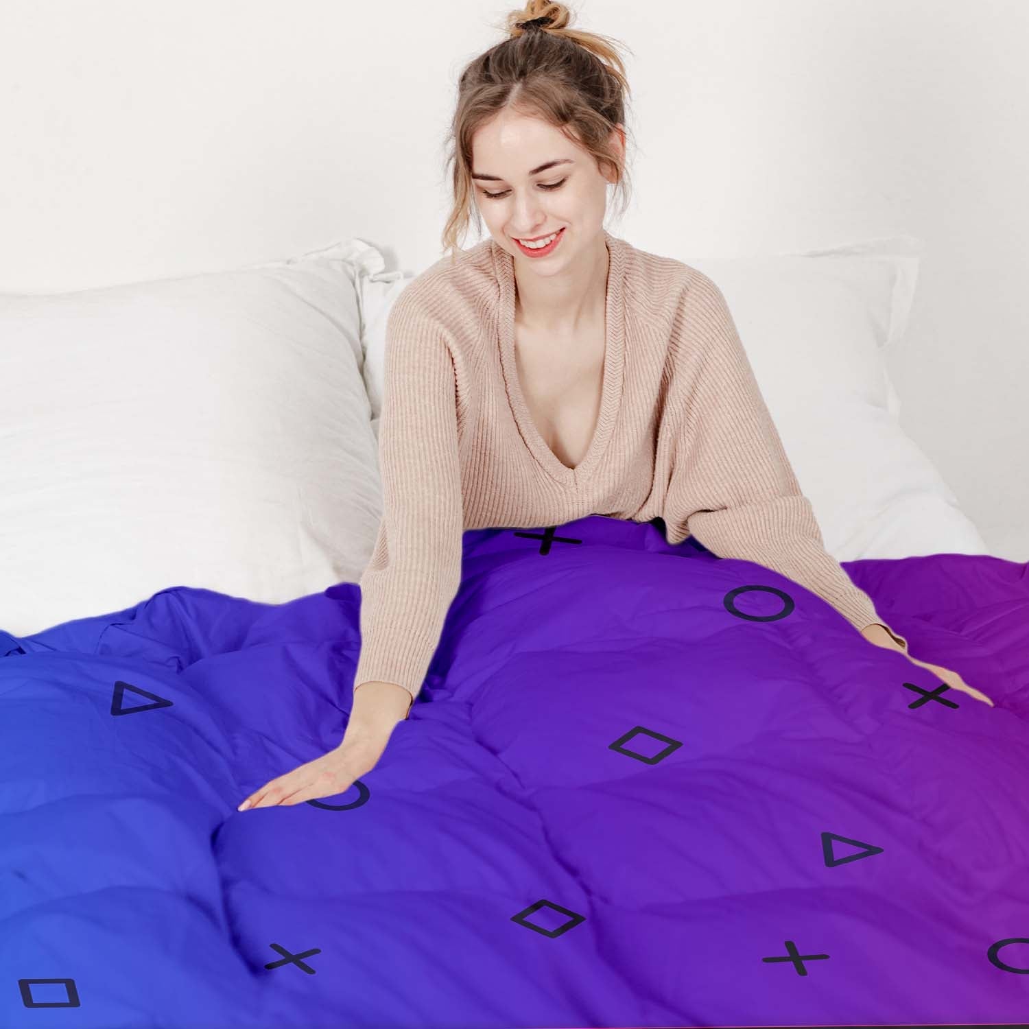 Set de ropa de cama con manta terapéutica lila con formas