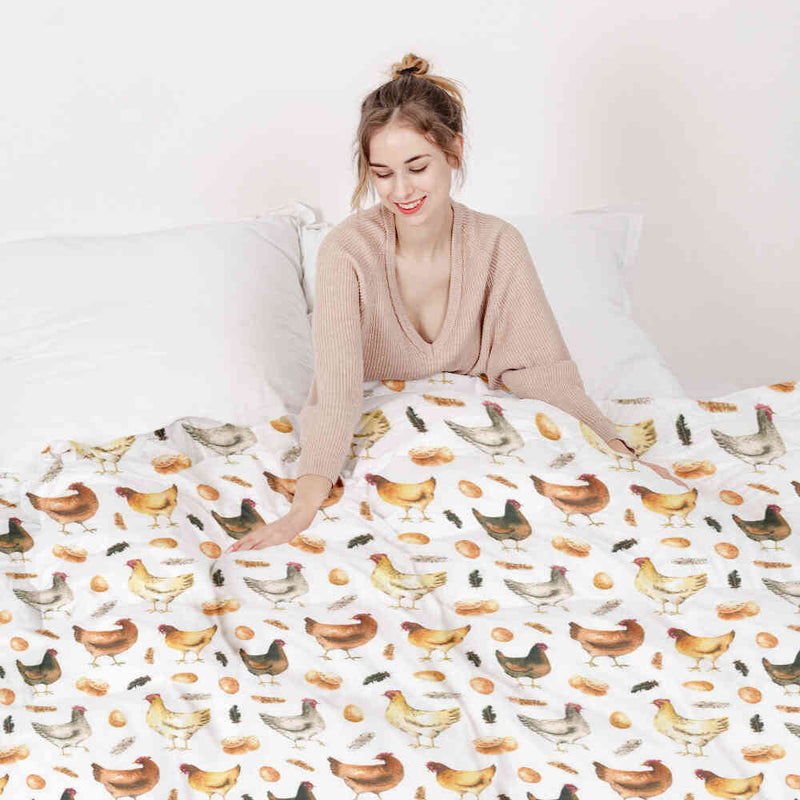Manta terapéutica original - Funda de algodón blanca con gallinas