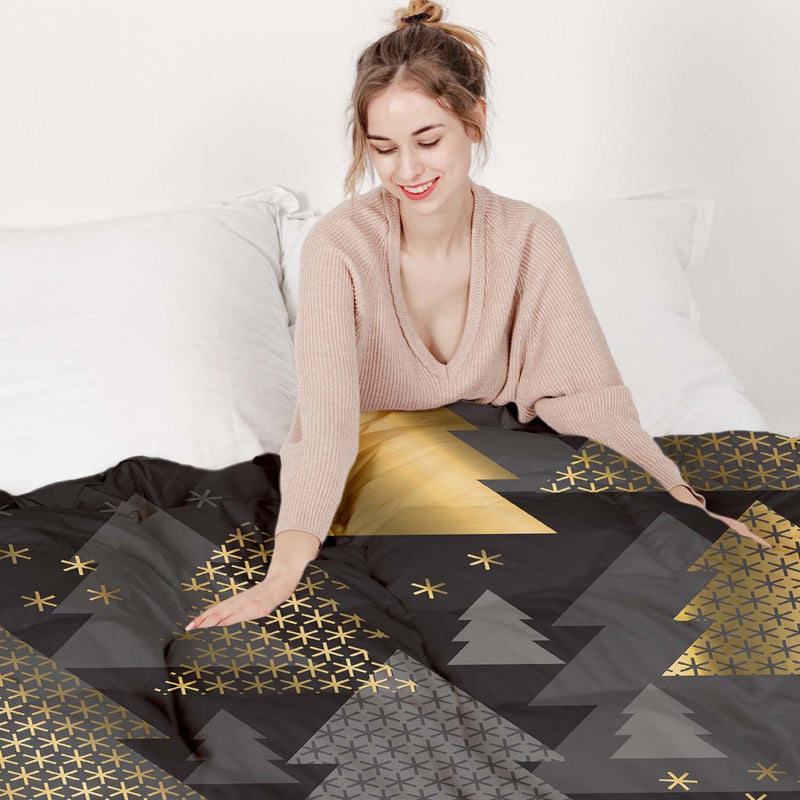 Set de ropa de cama con mantas terapéuticas y árboles de abeto dorados