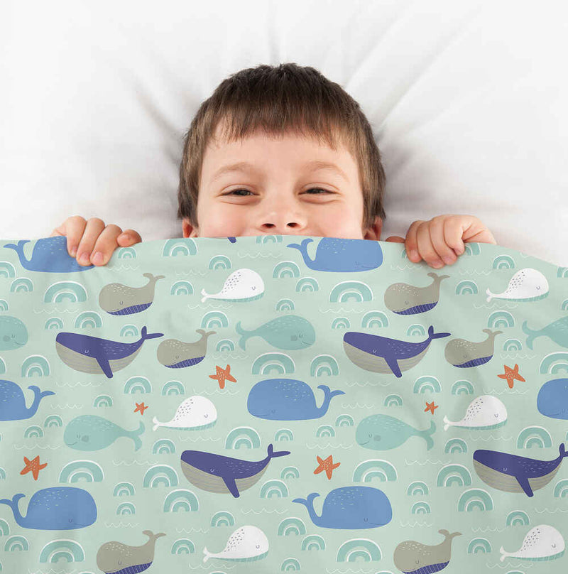 Set de ropa de cama con mantas terapéuticas verde con ballenas