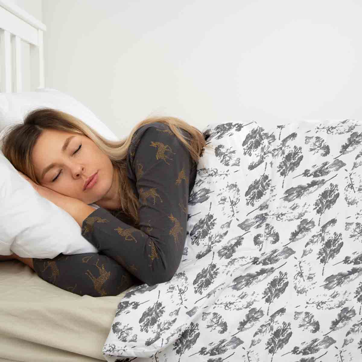 Manta terapéutica original - Funda de algodón blanca con hojas grises