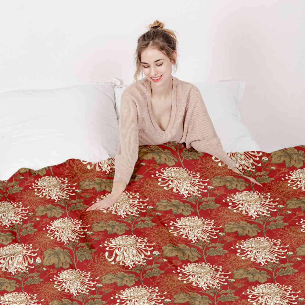Set de ropa de cama con manta terapéutica roja con gran flor