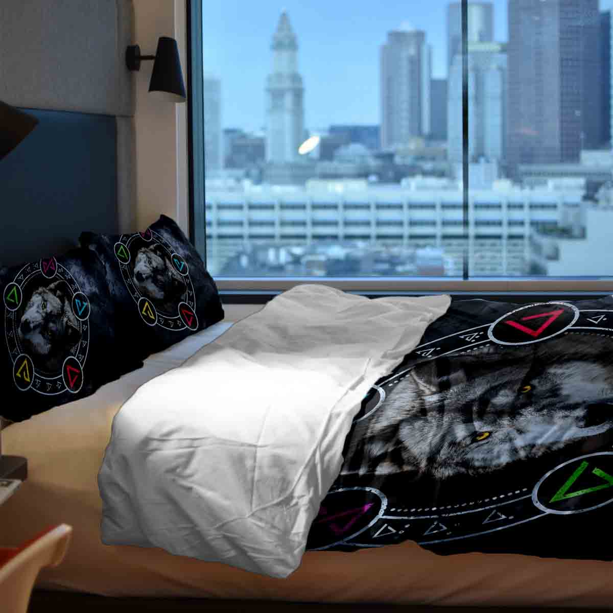 Juego de ropa de cama con manta terapéutica gris con lobo