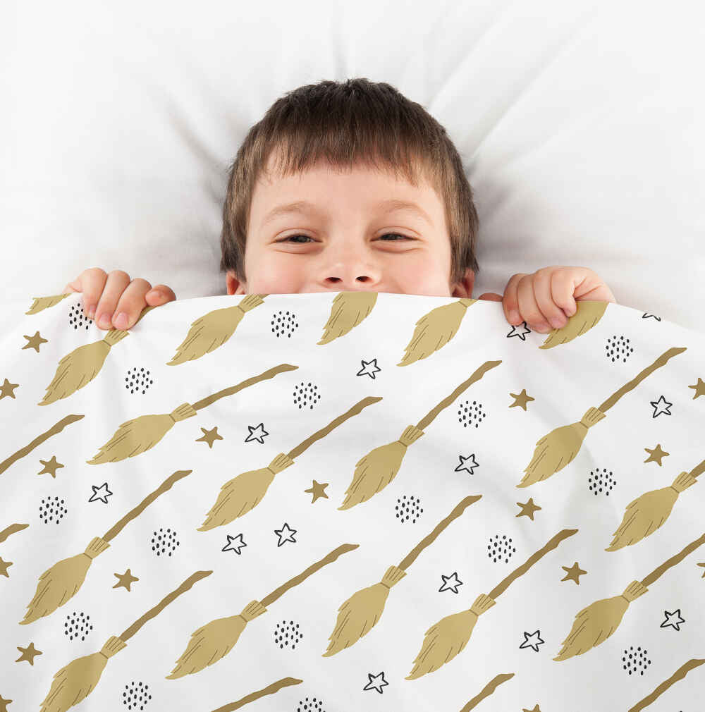 Juego de ropa de cama de mantas terapéuticas blancas con la escoba de Harry