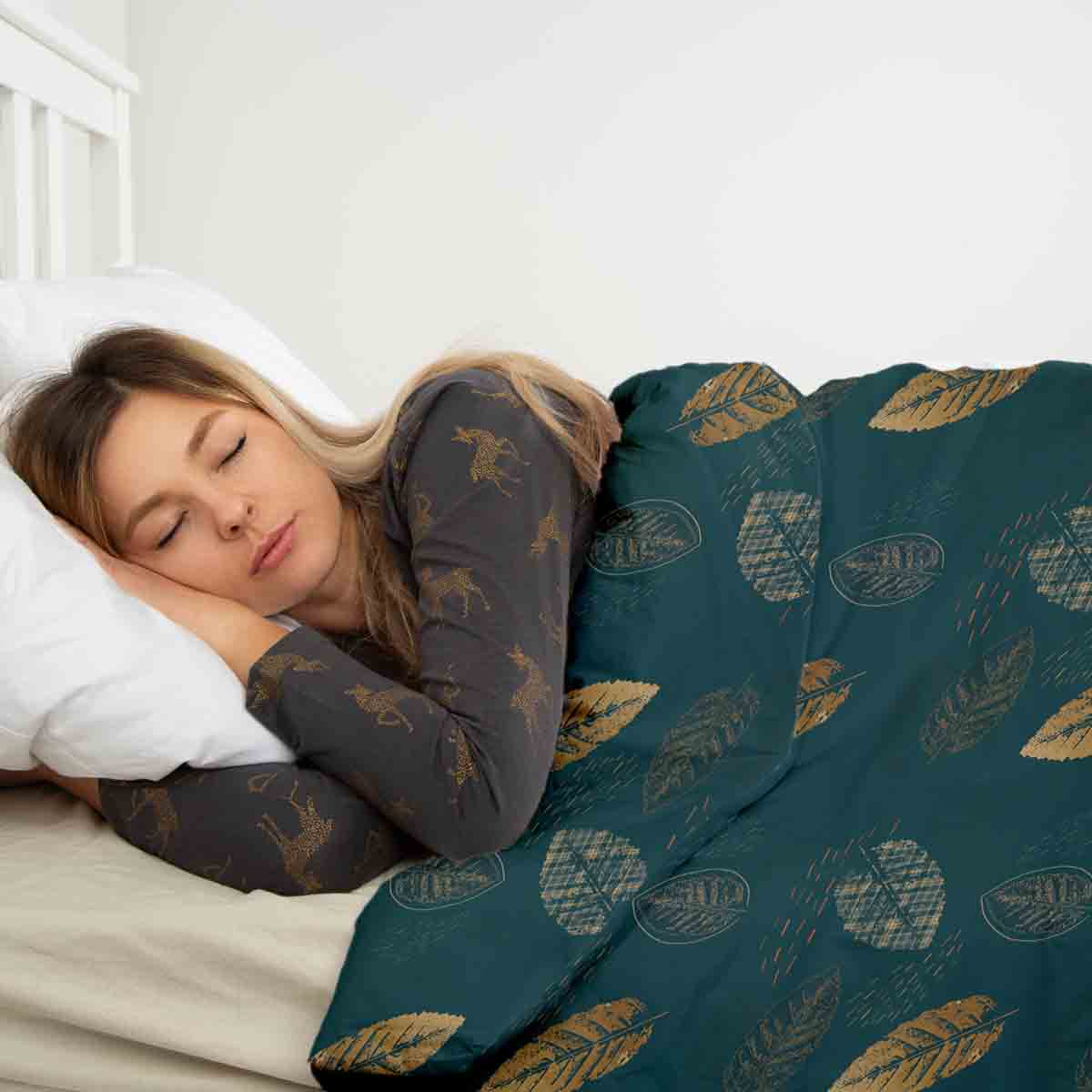 Set de ropa de cama con manta terapéutica verde con hoja dorada