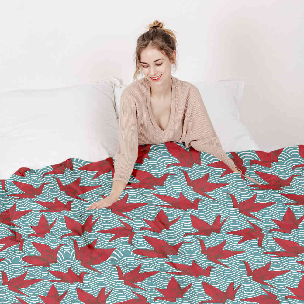 Set de ropa de cama con manta terapéutica rojo origami